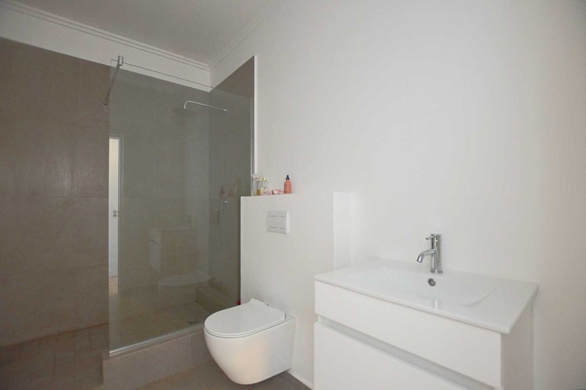 Modern bathroom featuring a wall-hung toilet, a sleek vanity with basin, and a spacious walk-in shower with a glass screen.