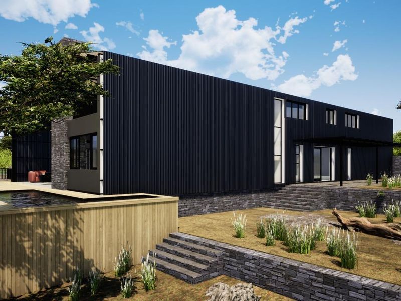 A modern architectural rendering of a rear exterior featuring a raised timber deck, plunge pool, and tiered stone landscaping.