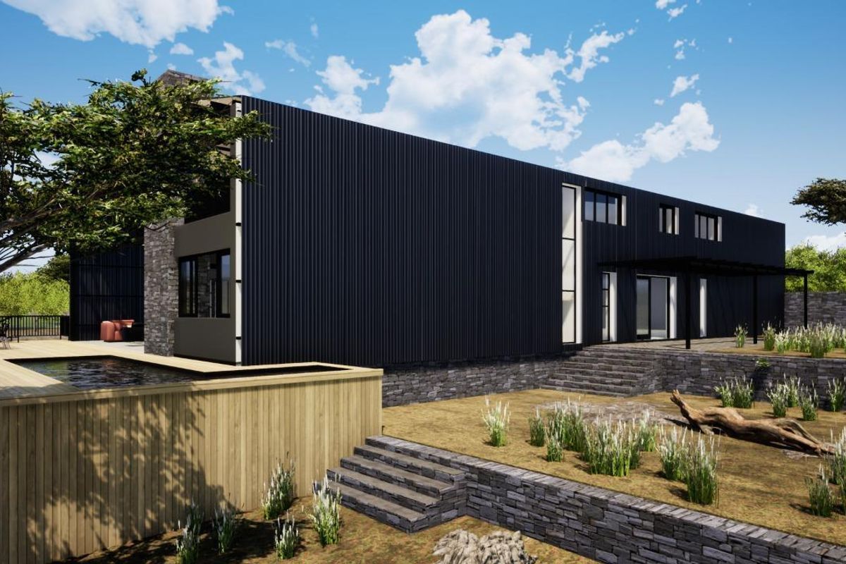 A modern architectural rendering of a rear exterior featuring a raised timber deck, plunge pool, and tiered stone landscaping.