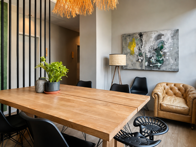 A modern dining area featuring a sleek metal room divider, industrial-style windows, and high-quality laminate flooring in a well-lit, contemporary space.