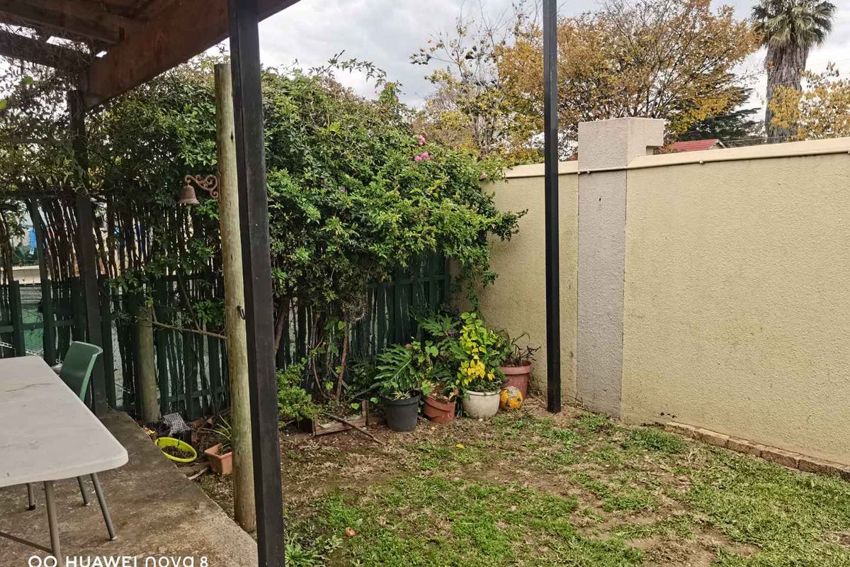 A private rear garden area featuring a concrete patio, perimeter boundary wall, and established garden beds.