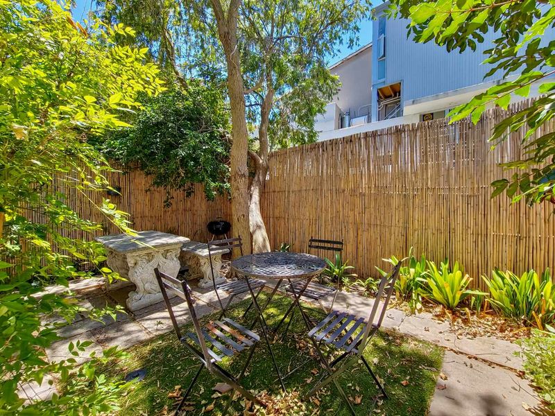 A private rear garden area featuring bamboo fencing, mature trees, and stone paving, providing a secluded outdoor space.