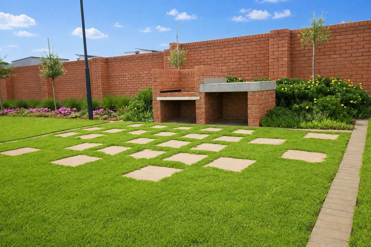 A well-maintained garden featuring a built-in brick braai, concrete countertop, and decorative paver stepping stones set within a lush lawn and brick boundary wall.