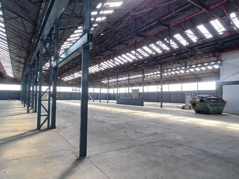 Expansive industrial warehouse space featuring high ceilings with exposed steel trusses, abundant natural light from skylights, and durable concrete flooring.