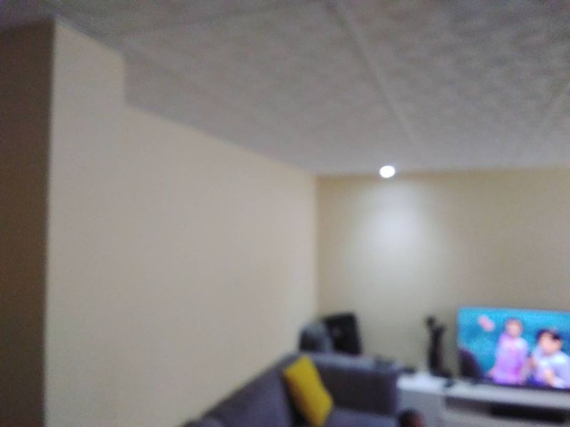 A living room area featuring recessed lighting and textured ceiling tiles, captured in a low-quality, blurry photograph.