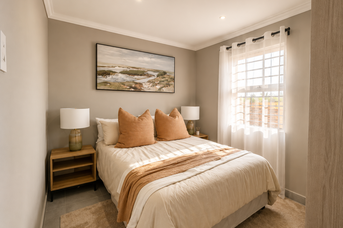 A well-maintained bedroom featuring neutral wall tones, recessed ceiling lighting, and a window with security bars, providing a bright and comfortable living space.