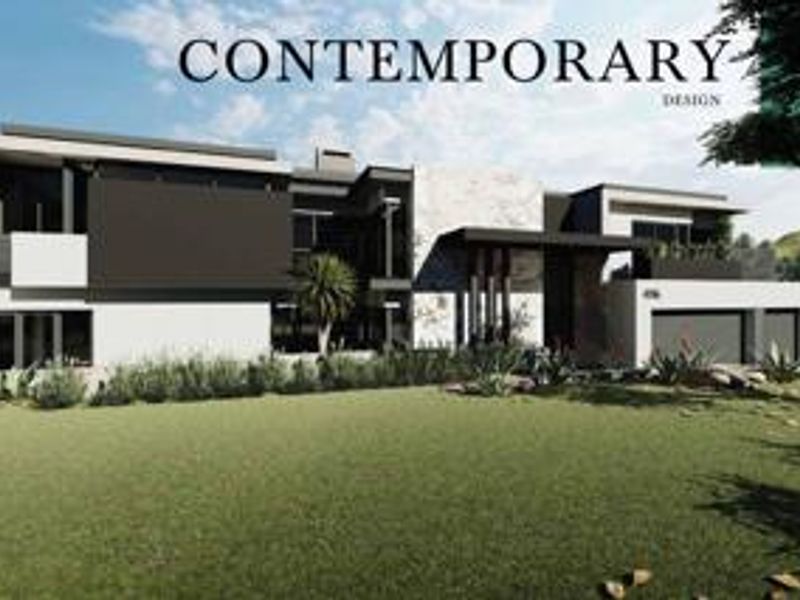 A modern contemporary architectural house design featuring stone cladding, clean lines, and a spacious front lawn with an integrated double garage.