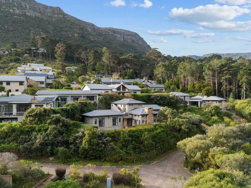 An elevated aerial view of a residential estate nestled in a lush, mountainous landscape with multiple homes and mature greenery.