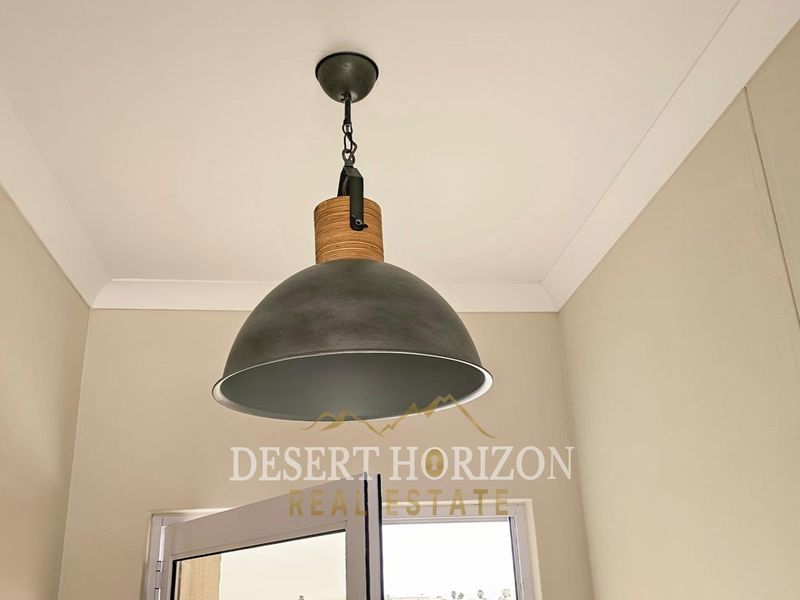 A close-up view of a modern pendant light fixture with a metal dome shade and wooden accent, installed in a room with coving.