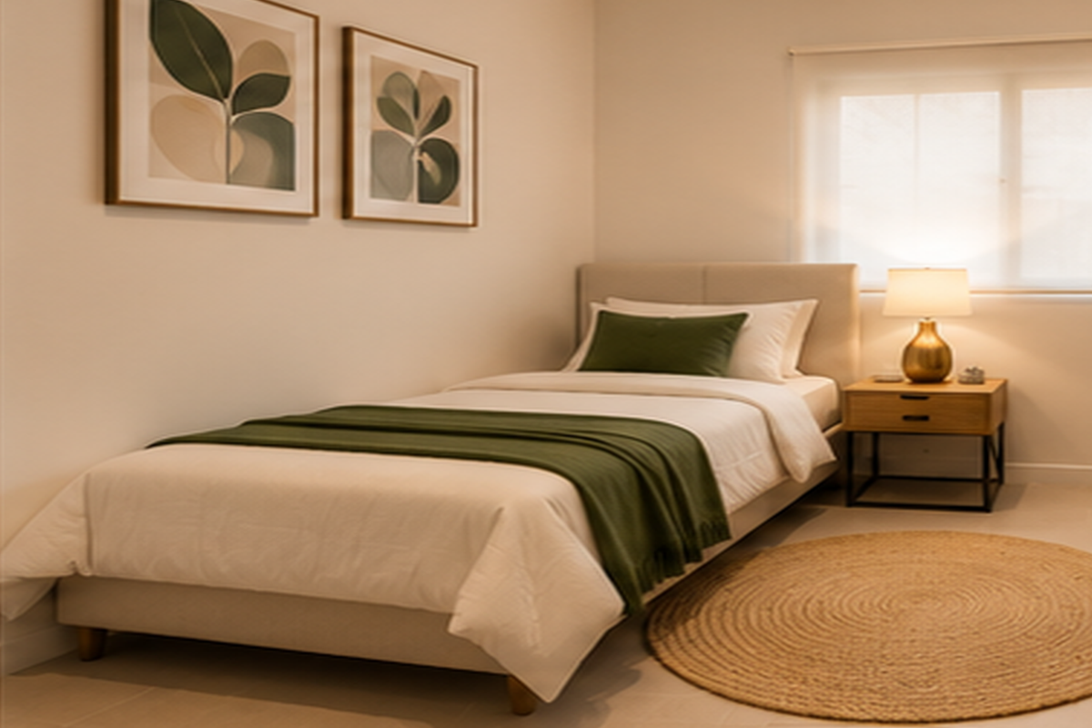 A well-lit, neutrally decorated bedroom featuring tiled flooring and a roller blind, creating a comfortable and inviting living space.
