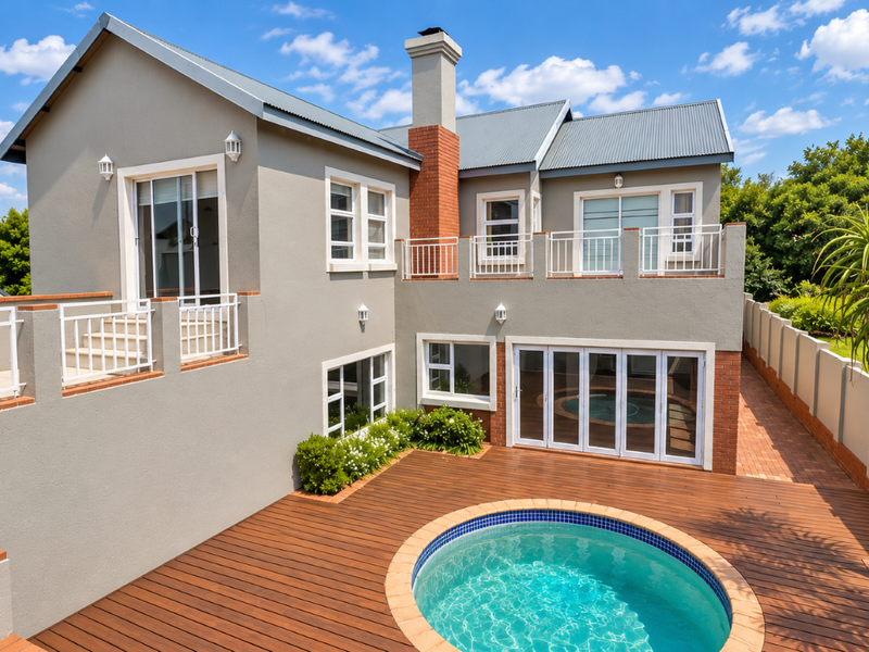 Rear view of a modern two-story house featuring a circular swimming pool, expansive timber decking, a balcony, and well-maintained exterior finishes.