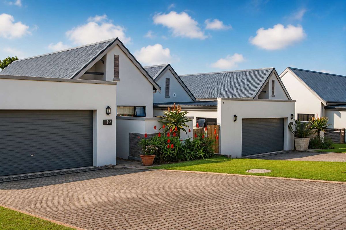 Modern residential facade featuring paved driveway, double garage doors, and well-maintained landscaped garden area.