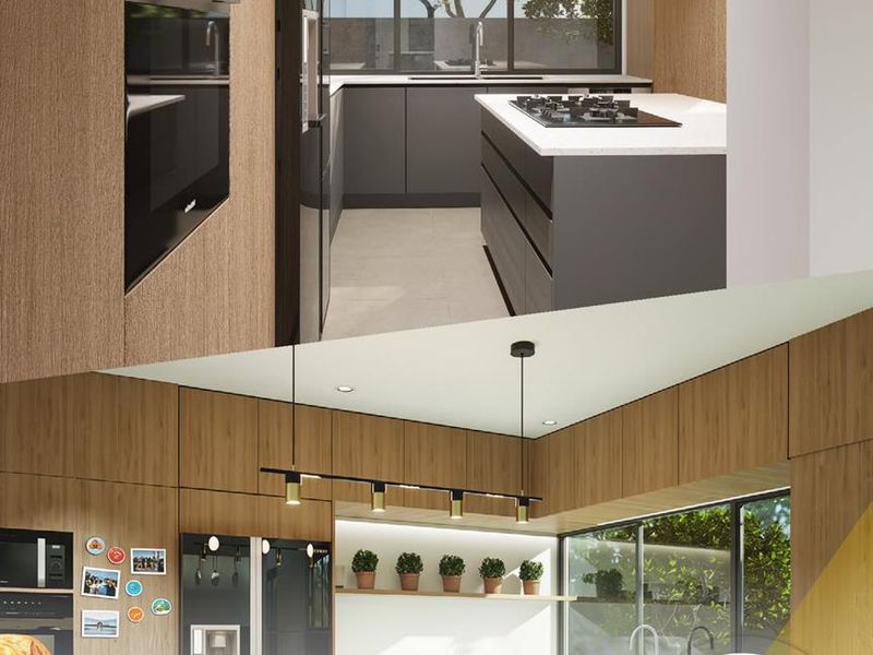 Modern kitchen featuring sleek cabinetry, a central island with a built-in gas hob, integrated oven, and large windows providing natural light.