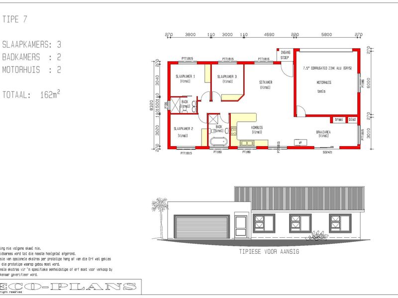 Architectural floor plan for a 162m2 three-bedroom, two-bathroom house with a double garage and outdoor braai area.