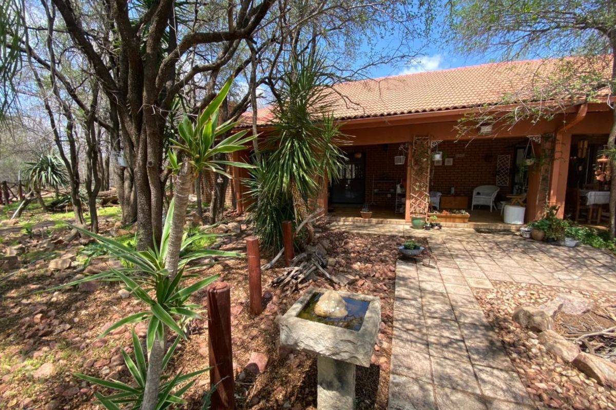 A view of the rear exterior featuring a covered patio, tiled walkway, and a landscaped garden area with mature trees.