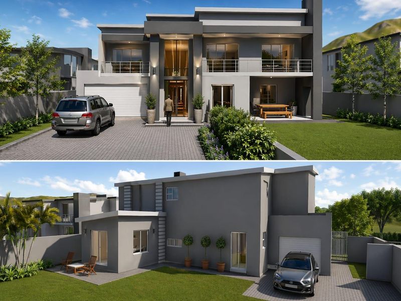 A modern double-storey residential property featuring a paved driveway, integrated garage, and upper-level balcony, presented as a digital architectural rendering.