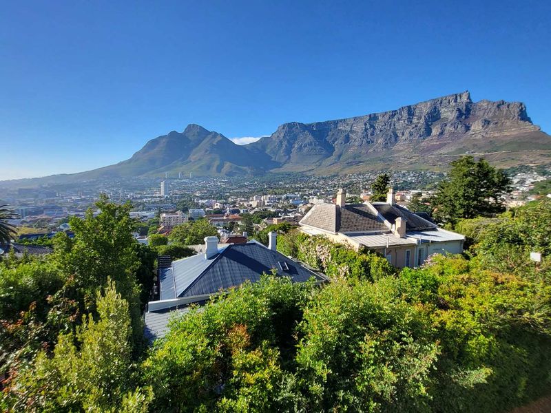 A scenic elevated view overlooking the surrounding neighborhood with Table Mountain in the background.