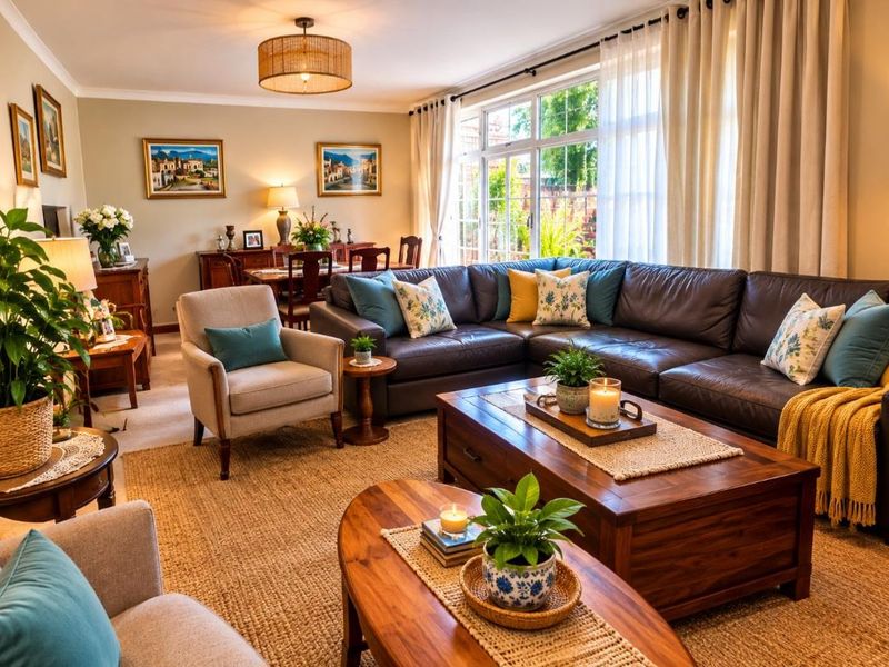 A well-lit, comfortable living room featuring large windows and a glass sliding door that provides natural light and access to the outdoor area.