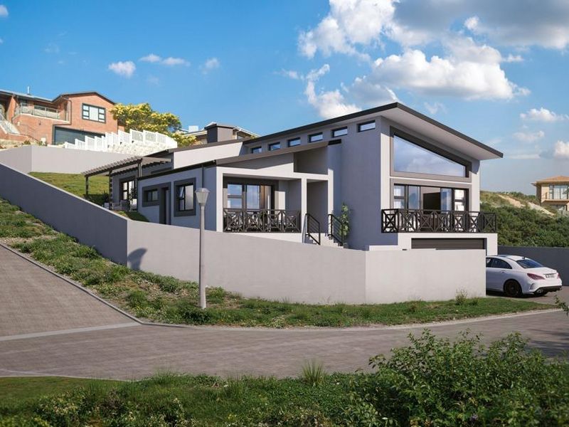 A modern architectural rendering of a contemporary house featuring a pitched roof, balcony, and integrated garage, set on a sloped residential plot.