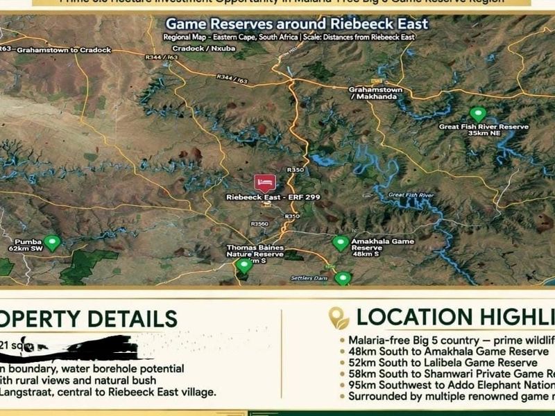 A regional map showing the location of the property in relation to nearby game reserves and landmarks in the Eastern Cape.