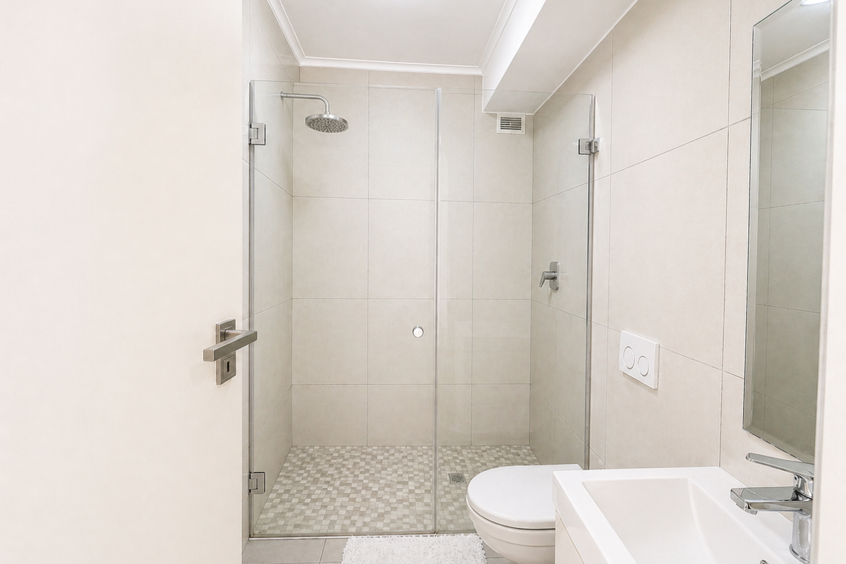 Modern bathroom featuring a glass-enclosed walk-in shower with a rainfall showerhead, wall-mounted toilet, and a sleek vanity basin.