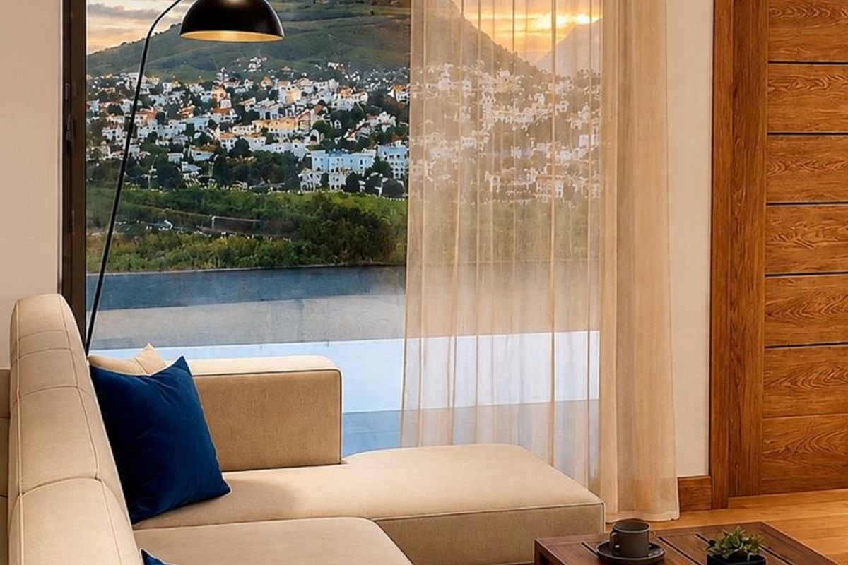 A modern living room featuring large floor-to-ceiling windows that frame a scenic mountain and town view, complemented by elegant wooden door finishes.