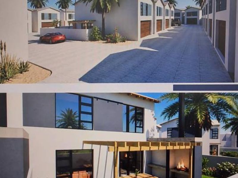 A composite image showing a townhouse complex development with paved driveways, garage access, and a private patio area featuring a built-in braai.