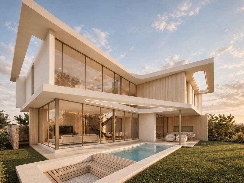 A stunning modern architectural home featuring floor-to-ceiling glass, a private swimming pool, timber decking, and a spacious covered patio overlooking the landscaped garden.