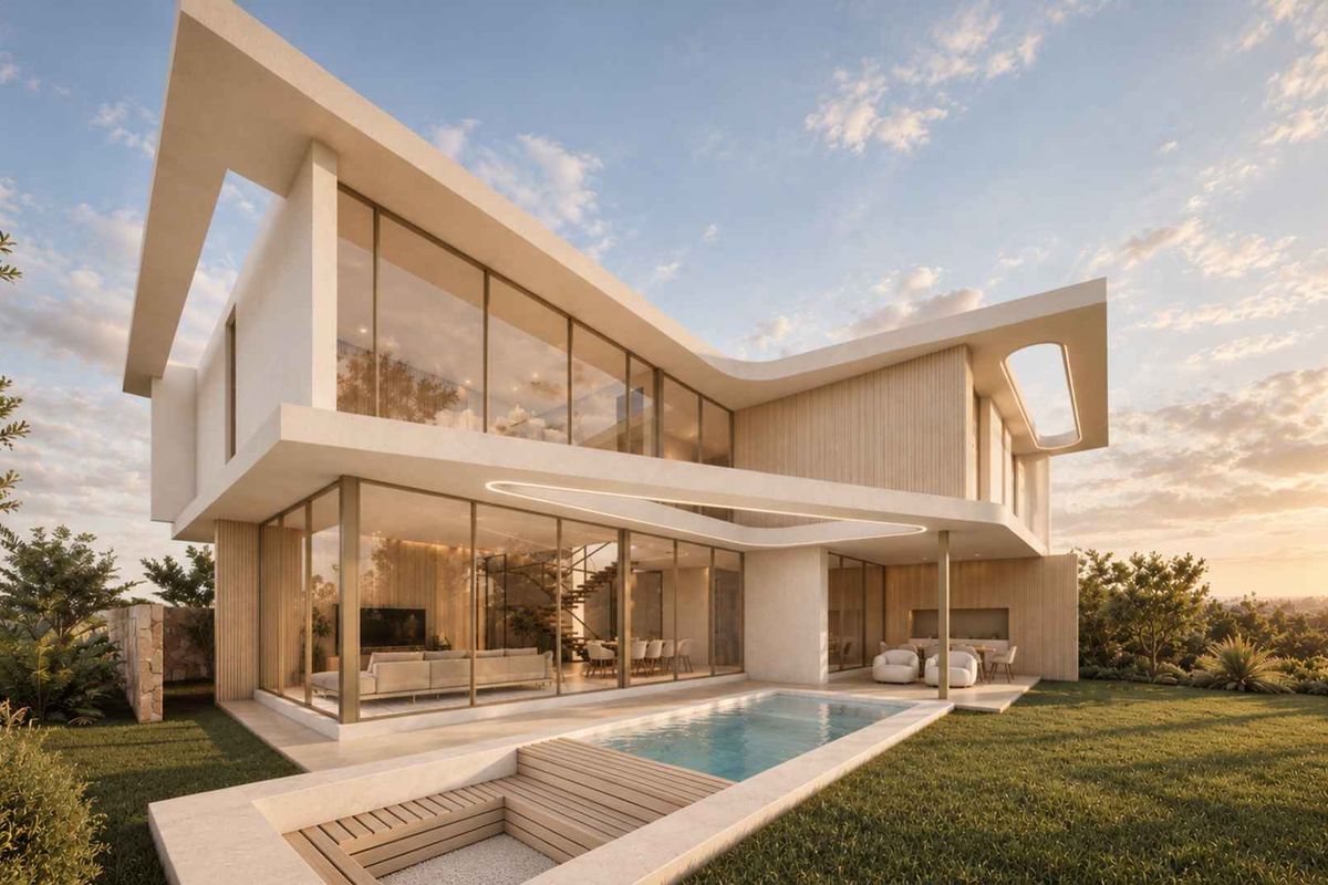 A stunning modern architectural home featuring floor-to-ceiling glass, a private swimming pool, timber decking, and a spacious covered patio overlooking the landscaped garden.