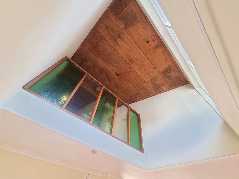 A unique architectural space featuring a timber-clad vaulted ceiling, an internal glass partition, and a skylight providing natural light.