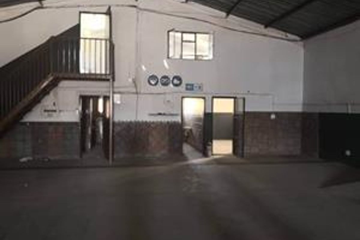 Spacious industrial utility area featuring a mezzanine level, timber staircase, exposed roof trusses, and multiple access points, suitable for various commercial or storage uses.