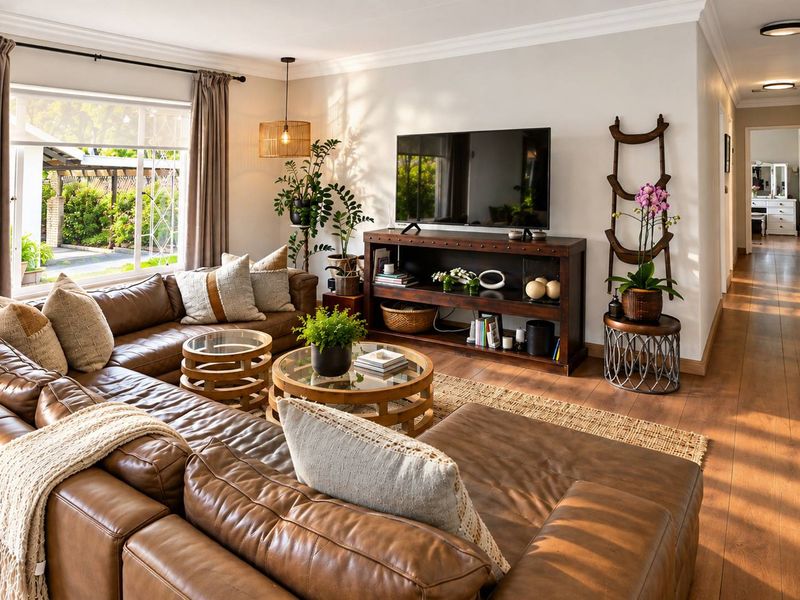 A well-maintained living room featuring warm laminate flooring, recessed lighting, and large windows that provide ample natural light.