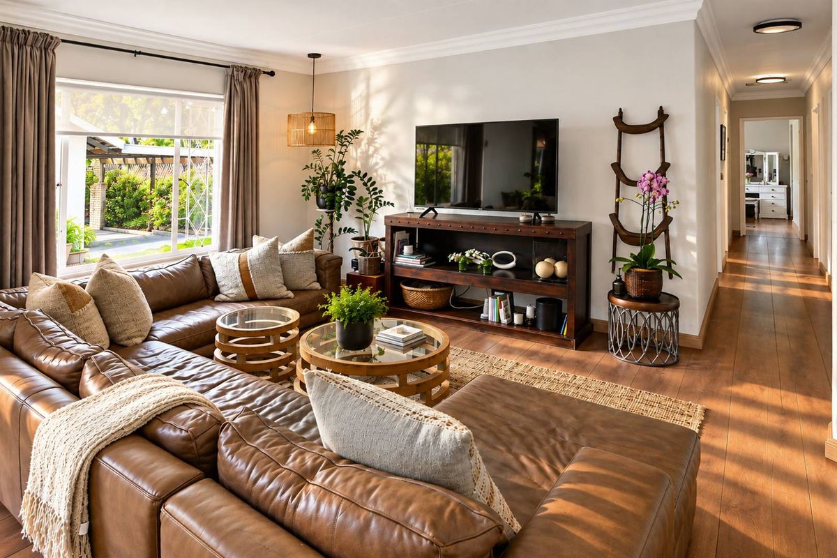 A well-maintained living room featuring warm laminate flooring, recessed lighting, and large windows that provide ample natural light.