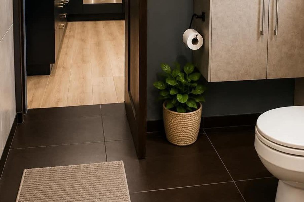 Modern bathroom featuring dark floor tiles, a wall-mounted vanity cabinet, and a clean white toilet, with a view into the adjacent living area.
