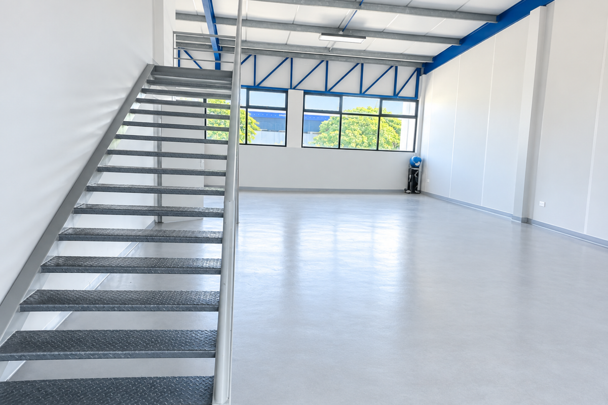 Spacious industrial utility area featuring polished epoxy flooring, exposed blue steel roof trusses, and a metal staircase leading to an upper level.