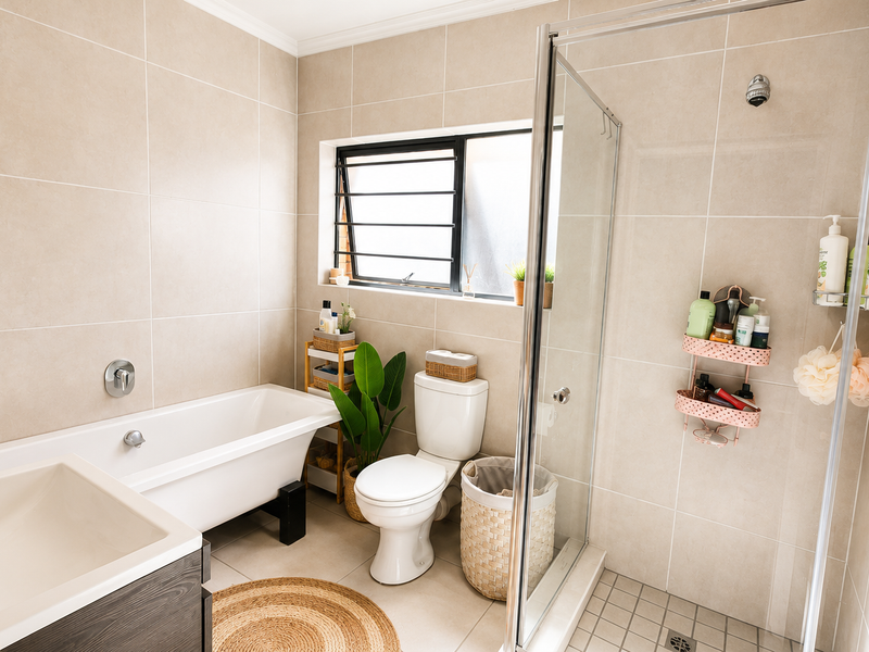 A well-maintained bathroom featuring a freestanding bathtub, a separate glass-enclosed shower, a toilet, and a vanity basin with neutral wall and floor tiling.