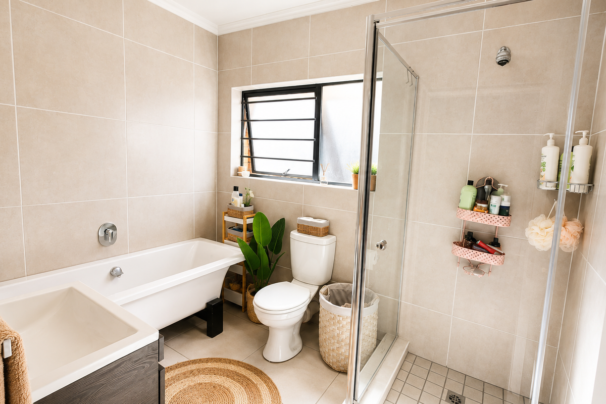 A well-maintained bathroom featuring a freestanding bathtub, a separate glass-enclosed shower, a toilet, and a vanity basin with neutral wall and floor tiling.