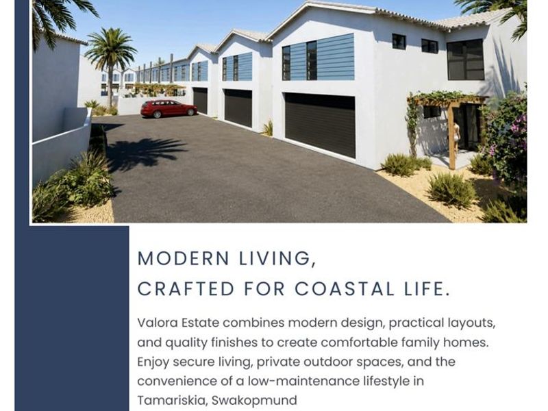 A modern townhouse development featuring double garages and paved driveways, designed for low-maintenance coastal living in a secure estate.