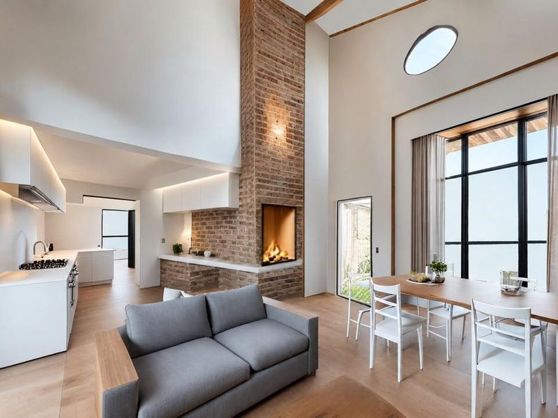 Spacious open-plan living and dining area featuring a striking double-height exposed brick fireplace, modern integrated kitchen, and abundant natural light from large windows.
