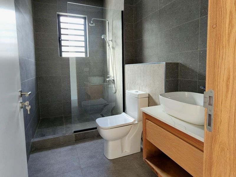 Modern bathroom featuring a walk-in shower with glass screen, contemporary vessel sink on a wooden vanity, and sleek grey floor-to-ceiling tiling.