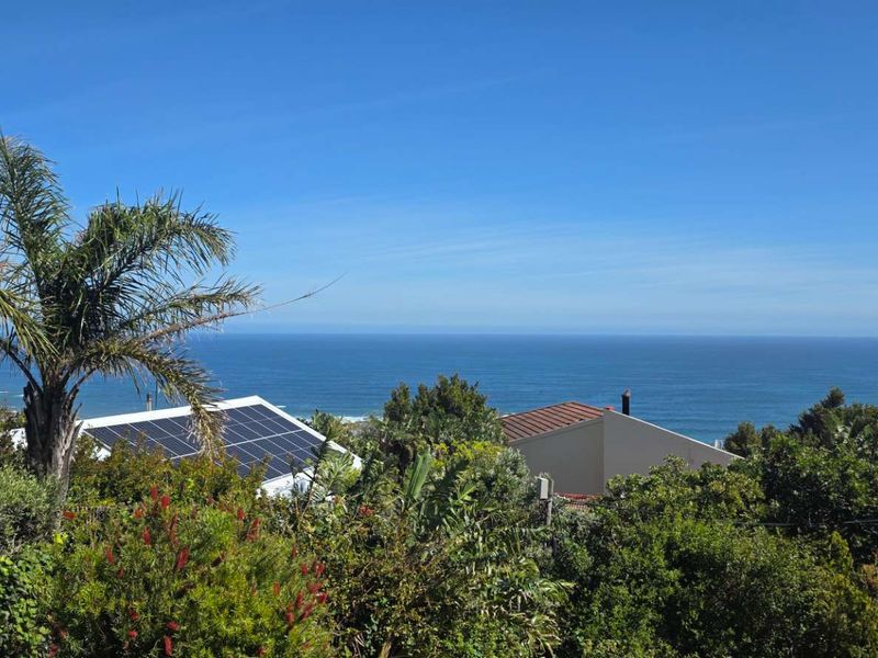 A scenic elevated view overlooking the ocean, featuring a property roof equipped with solar panels surrounded by lush coastal greenery.