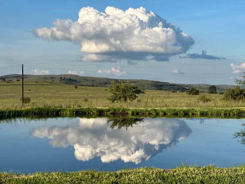 A scenic view of the agricultural land featuring a small dam reflecting the sky and surrounding open fields.