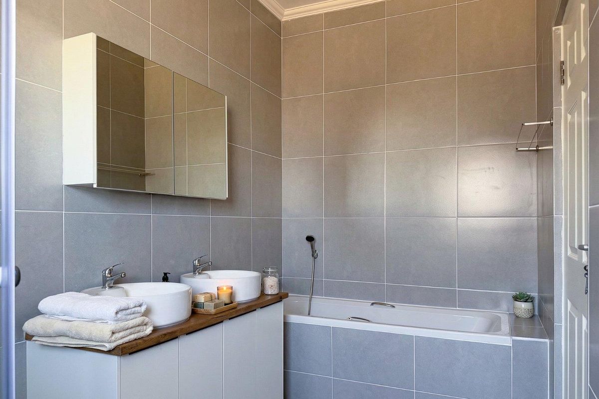 Modern bathroom featuring a double vanity with vessel sinks, a built-in bathtub with handheld shower mixer, and full-height wall tiling.