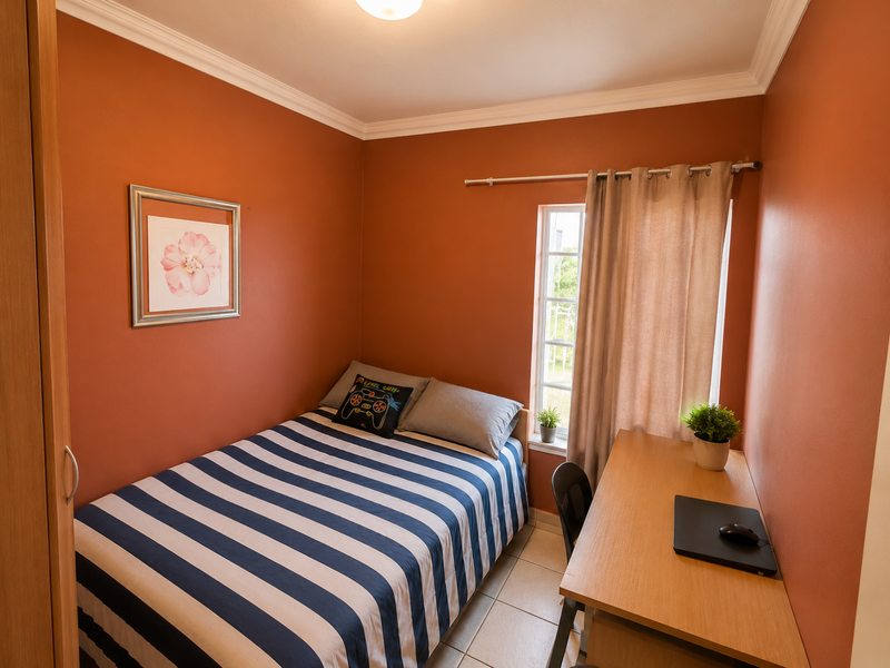 A compact bedroom featuring tiled flooring, crown molding, and a built-in wardrobe, finished with warm-toned walls and natural light from the window.