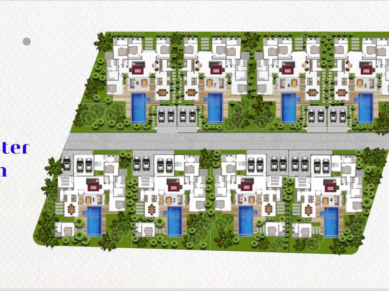 A comprehensive master plan layout showing the site arrangement, including individual residential units, private pools, and driveway access for the development.