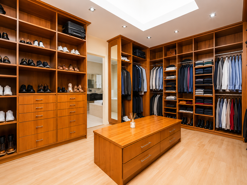 A spacious walk-in closet featuring extensive custom wooden cabinetry, a central storage island, and a bright skylight with recessed lighting.