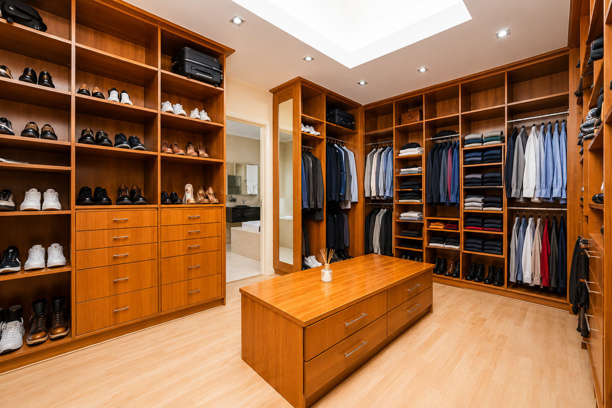A spacious walk-in closet featuring extensive custom wooden cabinetry, a central storage island, and a bright skylight with recessed lighting.
