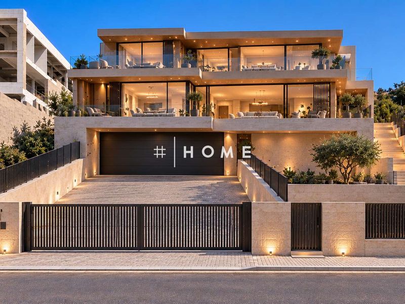 Modern multi-level luxury residence featuring a paved driveway, automated gate, double garage, and expansive glass-fronted balconies with integrated exterior lighting.