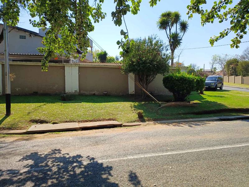 Street view showing the property's perimeter wall, grass verge, and roadside drainage infrastructure.