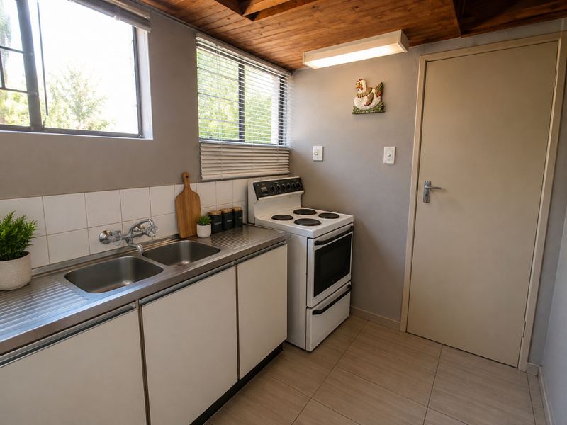 A functional kitchen featuring a stainless steel double sink, tiled backsplash, freestanding electric stove, and a warm timber-paneled ceiling.